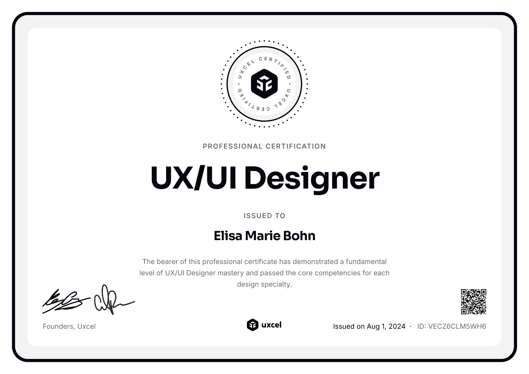 Elisa Marie Bohn's certificate